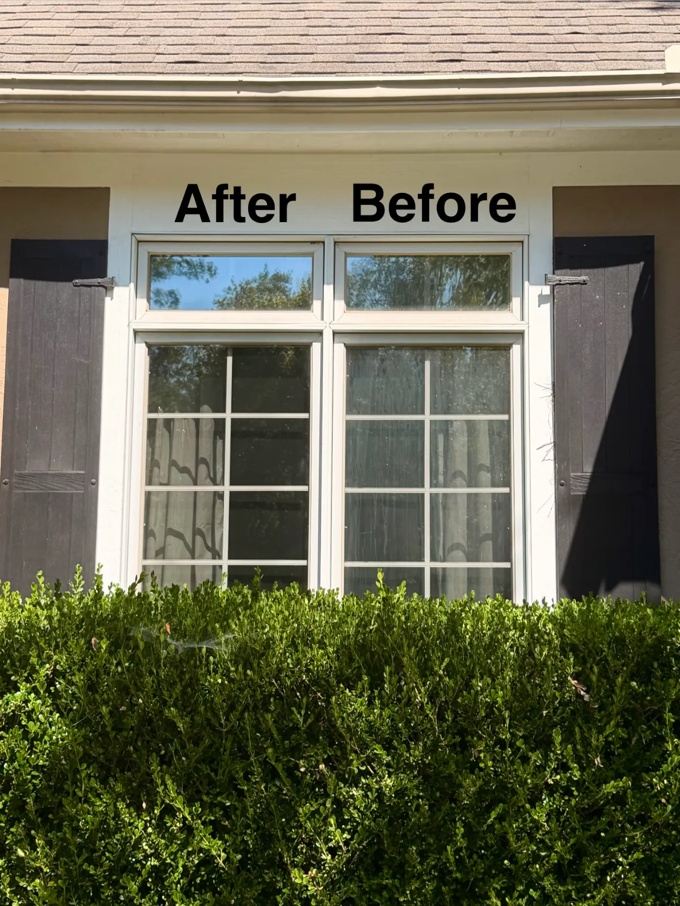 Two window panes side by side: the cleaned left pane is clear, the right pane before cleaning is streaked